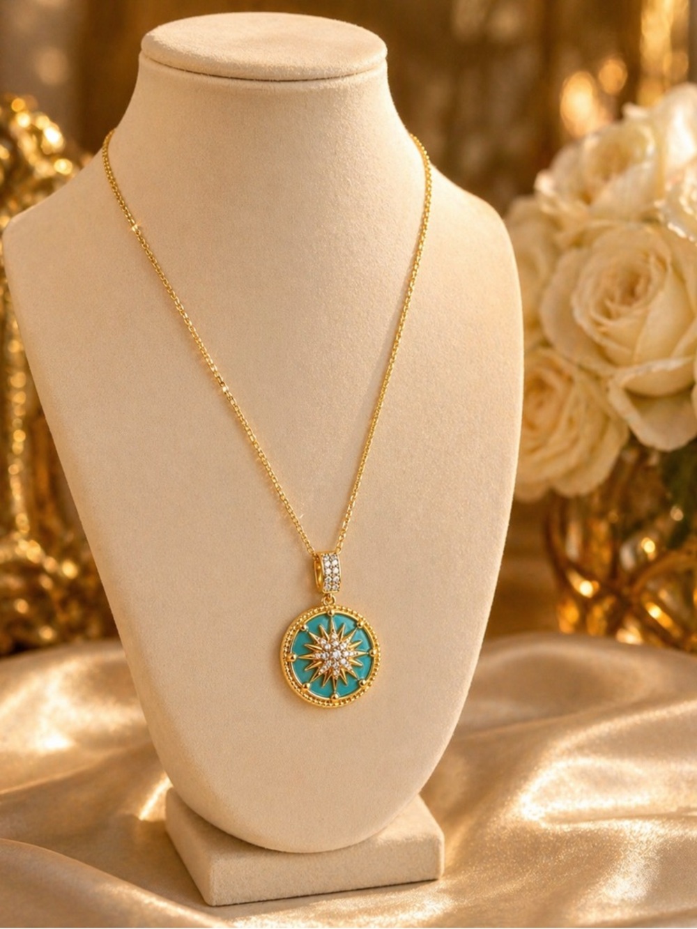 Gold-Tone Turquoise Starburst Pendant Necklace - Picture 2 of 2